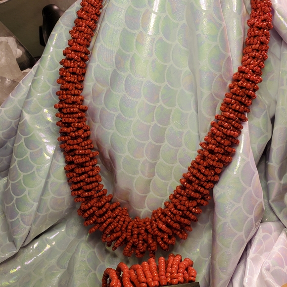 Red Orange Seed Beads Statement Necklace and Bracelet Cuff Set Modern - Picture 2 of 9